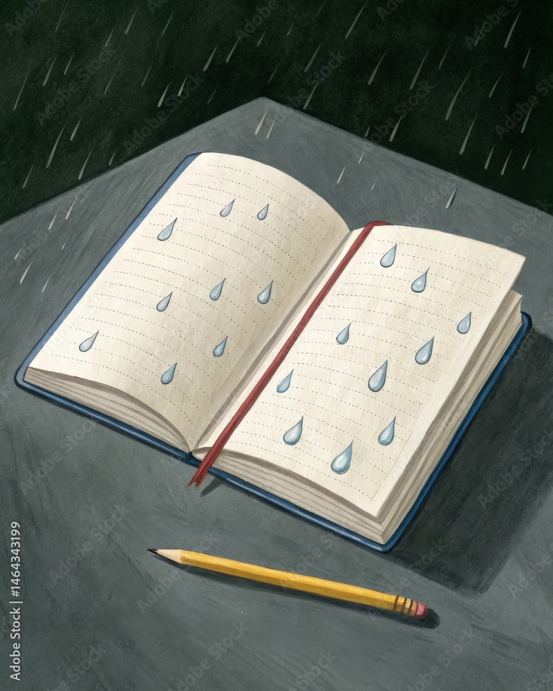 An open journal displaying pages filled with tears capturing the silent lament and hidden anguish of those who carry the weight of emotional scars.