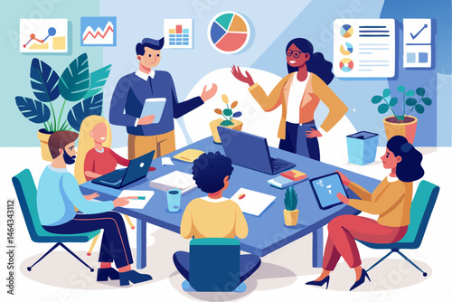 Business teamwork concept illustration featuring a diverse group of professionals discussing strategy in front of a colorful puzzle board with infographic elements like graphs, pie charts, and gears. 