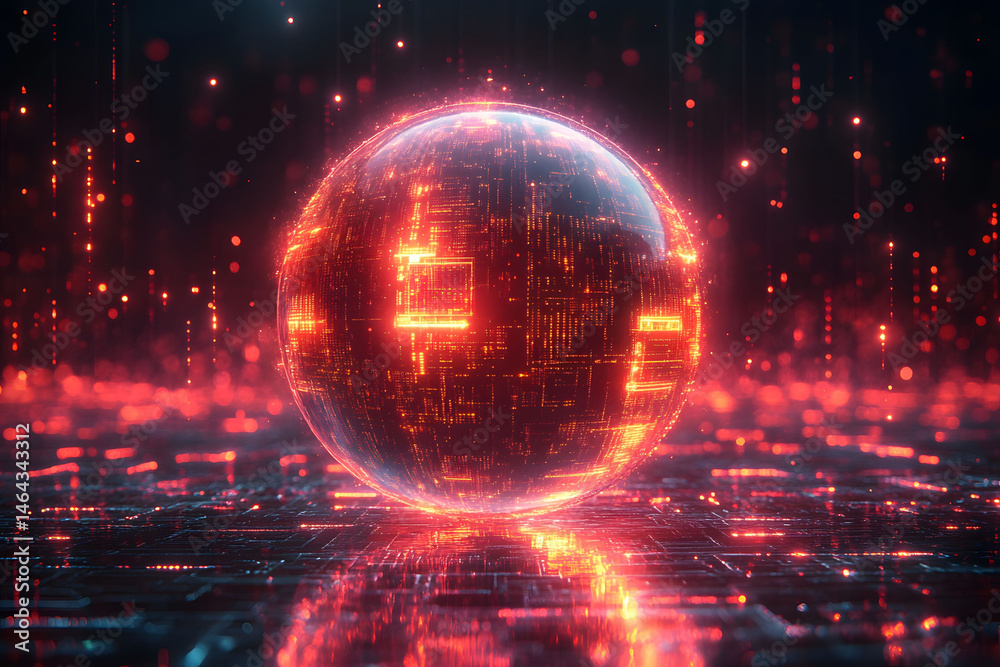 Futuristic Digital Sphere with Glowing Red Codes in Virtual Cyberspace