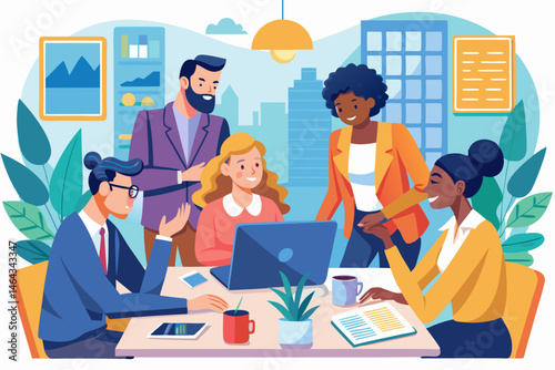 Business teamwork concept illustration featuring a diverse group of professionals discussing strategy in front of a colorful puzzle board with infographic elements like graphs, pie charts, and gears. 