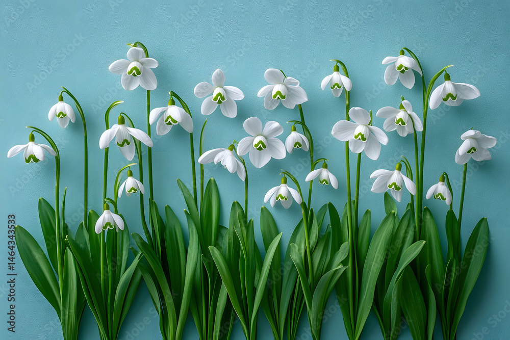 Elegant Snowdrop Flowers on Blue Background - Ideal for Spring Designs and Nature Themes
