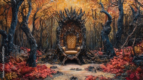 Autumnal forest scene with a regal throne.