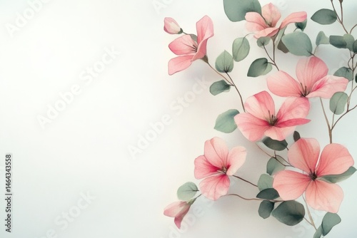 Floral arrangement with pink blossoms and green leaves for backgrounds and decorative elements.
