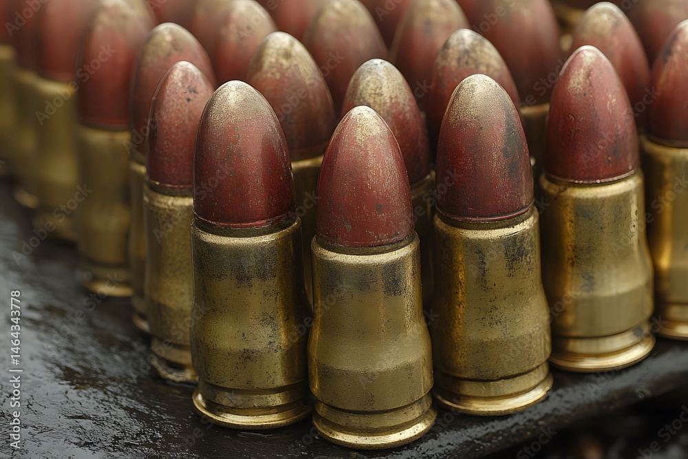 Close-Up of Bullet Ammunition in Rows for Security and Defense Themes