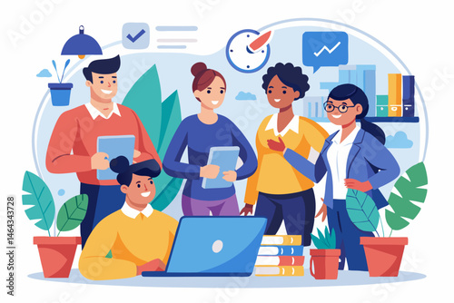 Business teamwork concept illustration featuring a diverse group of professionals discussing strategy in front of a colorful puzzle board with infographic elements like graphs, pie charts, and gears. 