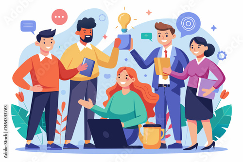 Business teamwork concept illustration featuring a diverse group of professionals discussing strategy in front of a colorful puzzle board with infographic elements like graphs, pie charts, and gears. 