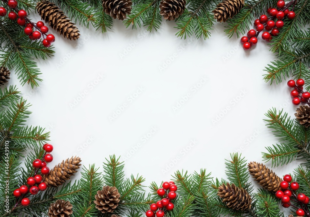 Christmas frame with evergreen branches, pine cones, and red berries on a white background Christmas frame with evergreen branches, pine cones, and red berries on a white background