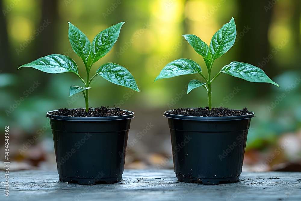 Young Plant Seedlings in Black Pots on Wooden Surface in Natural Forest Setting