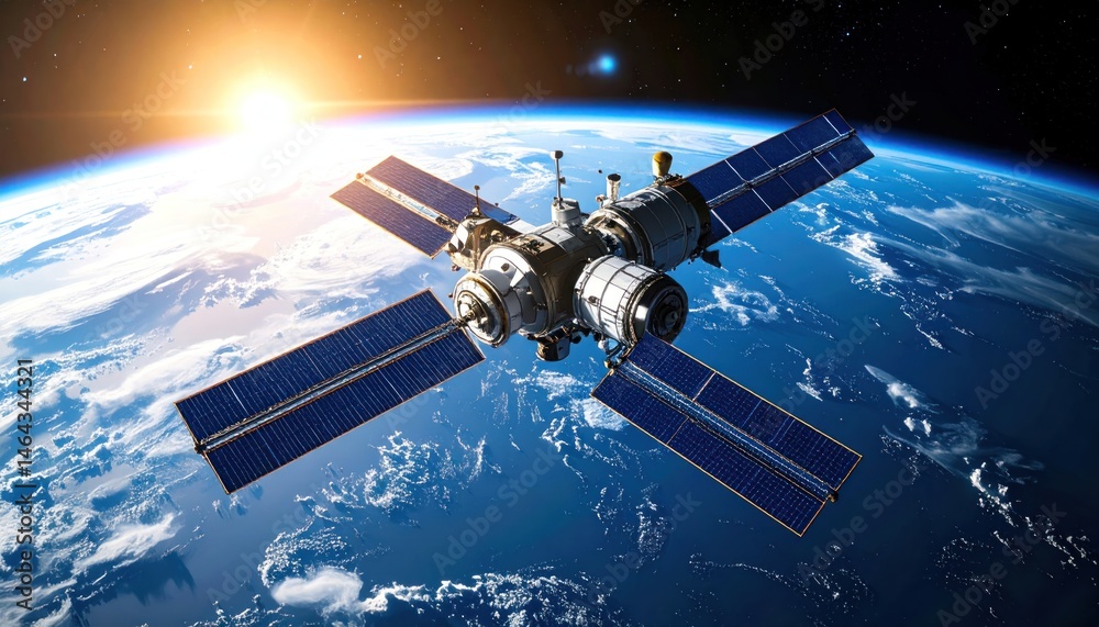 Fototapeta premium Satellite Orbiting Earth at Sunrise