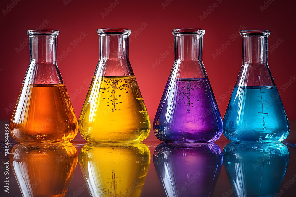 Colorful Chemistry Experiment with Four Beakers on Reflective Surface