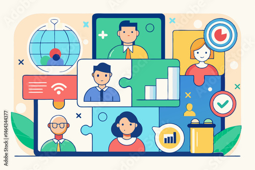 Business teamwork concept illustration featuring a diverse group of professionals discussing strategy in front of a colorful puzzle board with infographic elements like graphs, pie charts, and gears. 