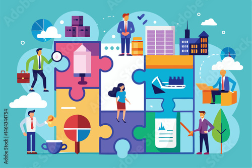 Business teamwork concept illustration featuring a diverse group of professionals discussing strategy in front of a colorful puzzle board with infographic elements like graphs, pie charts, and gears. 