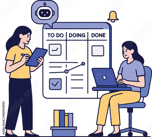 Kanban Board Vector Illustration with Team and Chatbot.