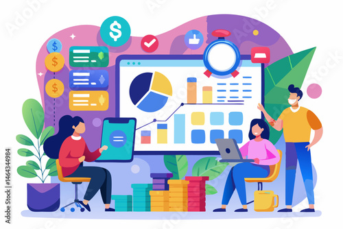 Business teamwork concept illustration featuring a diverse group of professionals discussing strategy in front of a colorful puzzle board with infographic elements like graphs, pie charts, and gears. 
