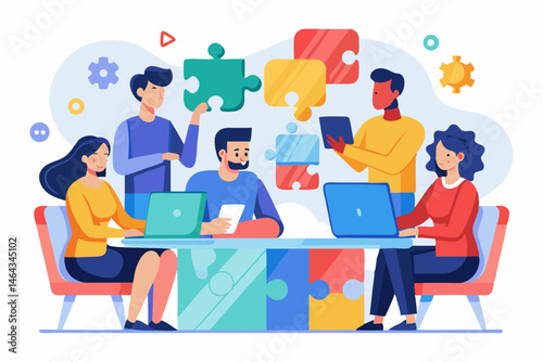 Business teamwork concept illustration featuring a diverse group of professionals discussing strategy in front of a colorful puzzle board with infographic elements like graphs, pie charts, and gears. 