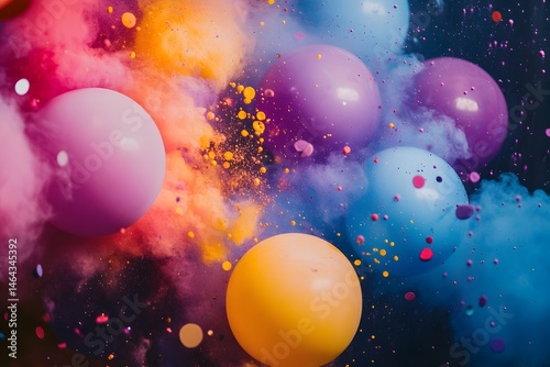 Abstract composition featuring vibrant colored balloons and dynamic powder explosions in a unique artistic style