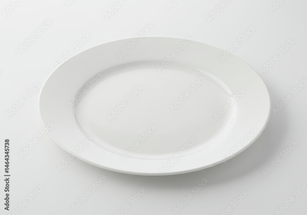 Plain white oval plate on a white surface with soft lighting and subtle shadows Plain white oval plate on a white surface with soft lighting and subtle shadows