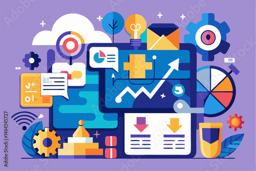 Business teamwork concept illustration featuring a diverse group of professionals discussing strategy in front of a colorful puzzle board with infographic elements like graphs, pie charts, and gears. 