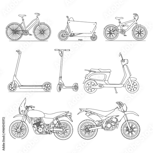CAD Line Drawing Vector Set of Urban and Utility Vehicles Featuring Bicycles, Tractors, Scooters, Cars, Trucks, and Motorcycles in Multiple Views Including Side, Top, and Front on a Dark Background

