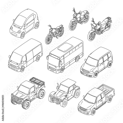 Detailed CAD Line Vector Illustration of Various Vehicles in Side, Front, and Top Views Including Bicycle, Motorcycle, Scooter, EV Car, Tractor, Pickup Truck, and Sports Cars on Black Background

