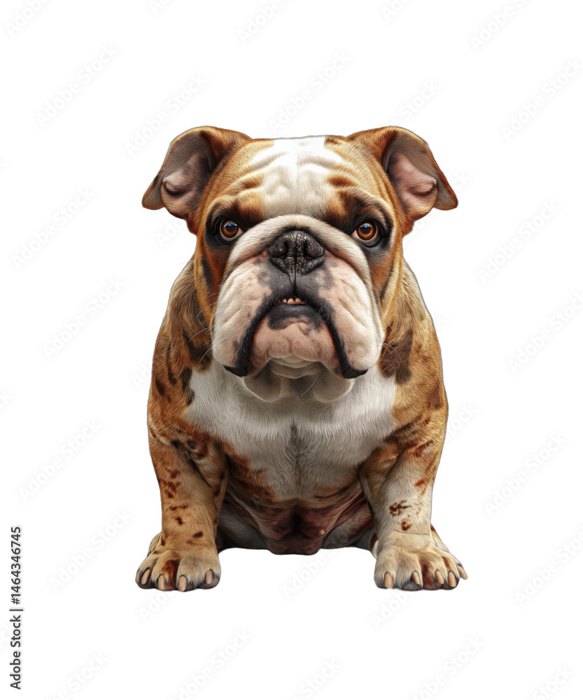 Obraz premium Cute brown and white English Bulldog puppy, a purebred canine pet, is isolated on a white background in a studio portrait