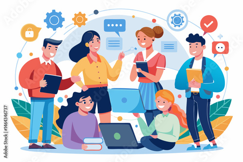 Business teamwork concept illustration featuring a diverse group of professionals discussing strategy in front of a colorful puzzle board with infographic elements like graphs, pie charts, and gears. 