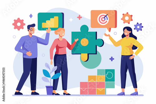 Business teamwork concept illustration featuring a diverse group of professionals discussing strategy in front of a colorful puzzle board with infographic elements like graphs, pie charts, and gears. 