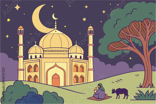 62 Majestic mosque at night, crescent moon, starry sky, glowing lanterns, lush green grass, cows resting, praying figures, ornate domes and minarets, warm interior light, magical atmosphere, colorful 
