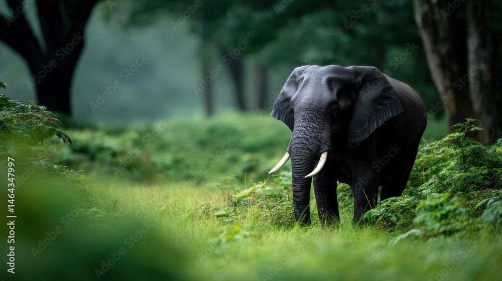 Fototapeta premium Elephant lifting trunk in forest clearing, lush green background softly faded with telephoto bokeh