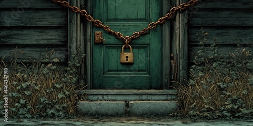 Padlocked Door on Old Building with Chain Protecting Property, Security Use photo