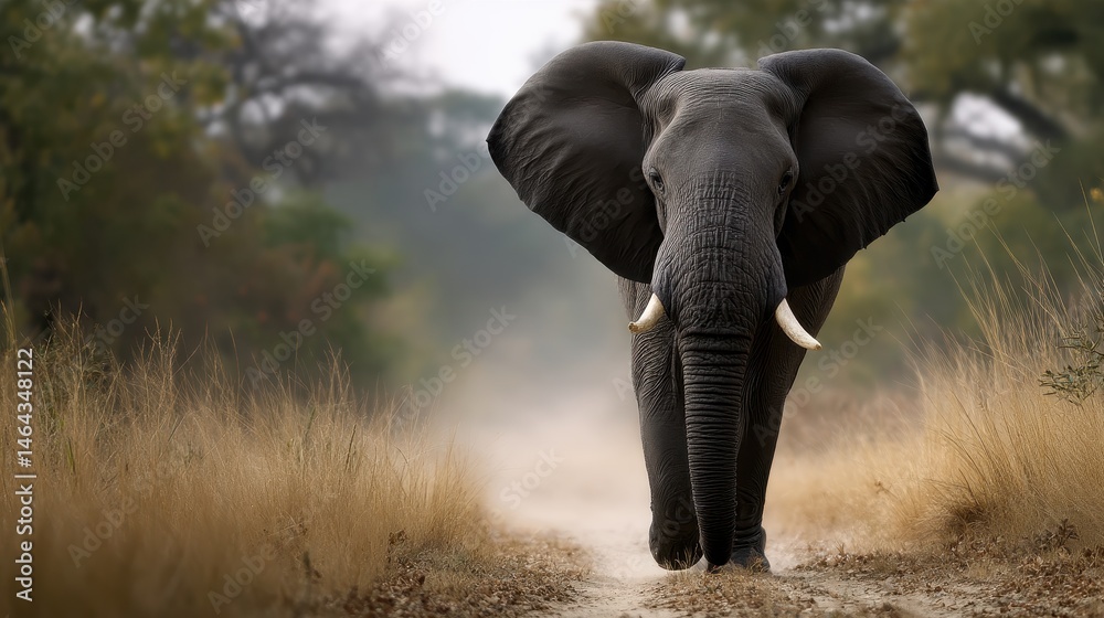 Naklejka premium Elephant pausing mid-step in soft dust, natural tones and long lens depth, ambient wild setting