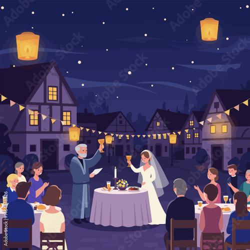 Wedding Celebration with Toasting Bride, Groom and Guests in Village