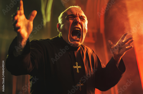 Emotionally Charged Clergyman with Raised Hands and Cross Necklace Shouting in Dramatic Lighting