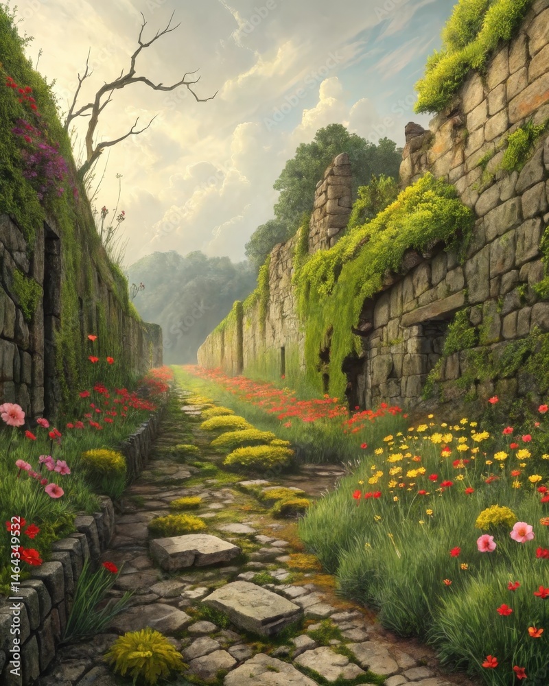 Crumbling stone walls housing vibrant moss and flowers indicating that life and strength can emerge from decay.