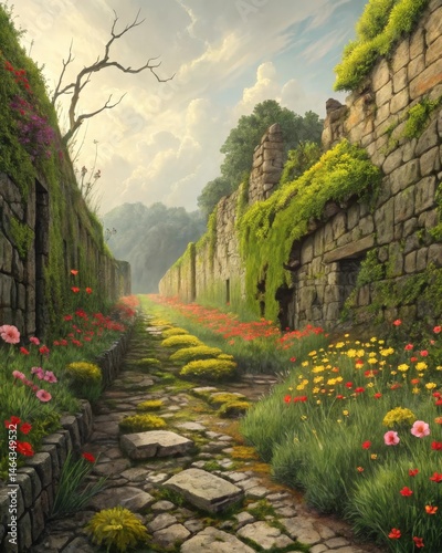 Obraz na płótnie Crumbling stone walls housing vibrant moss and flowers indicating that life and strength can emerge from decay. w salonie