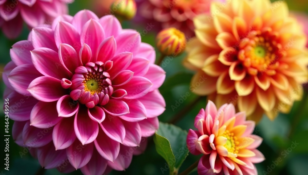 Fototapeta premium Intricate dahlia blooms, vibrant colors, lush petals , botanical, romantic