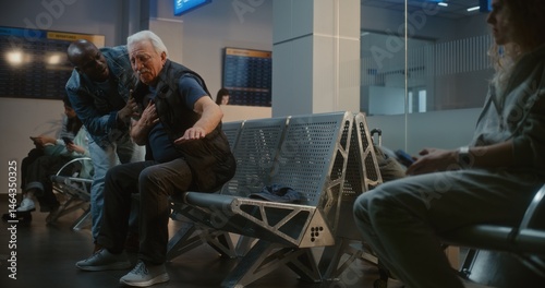 Tableau sur toile Crowded International Airport Terminal: Senior Man Having Heart Attack, Clutching Chest in Pain in Departure Lounge of Airline Hub