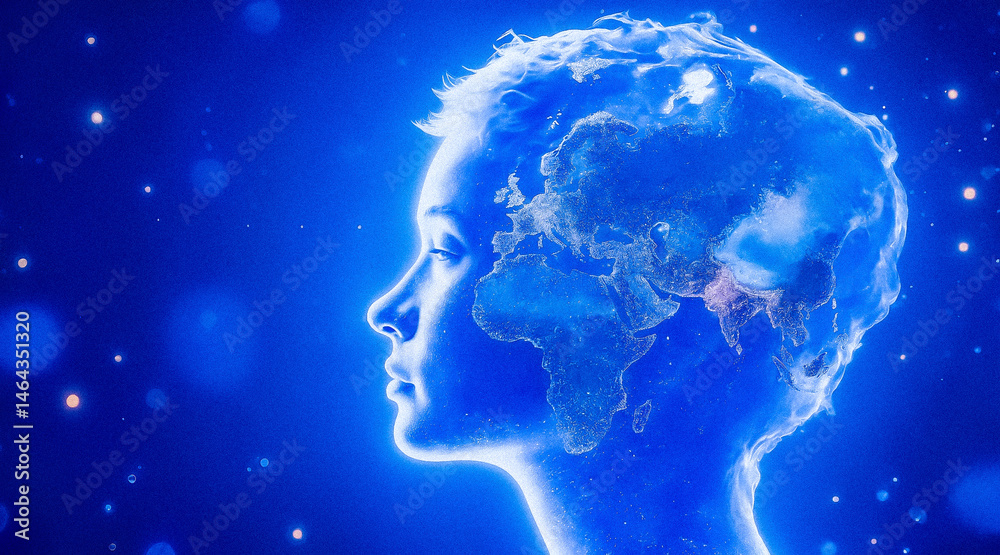 Fototapeta premium Global Thoughts: A stunning portrait captures a person whose mind mirrors the earth's landscape, set against an ethereal blue backdrop.