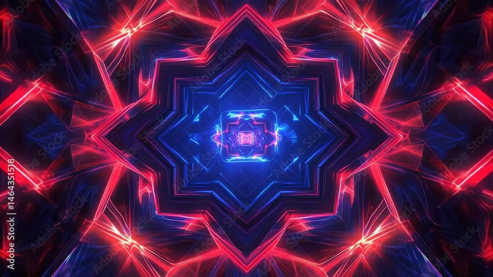 Hypnotic kaleidoscopic neon star pattern pulsating with red and blue lights, ideal for visualizers, music videos, or abstract digital art backgrounds.


