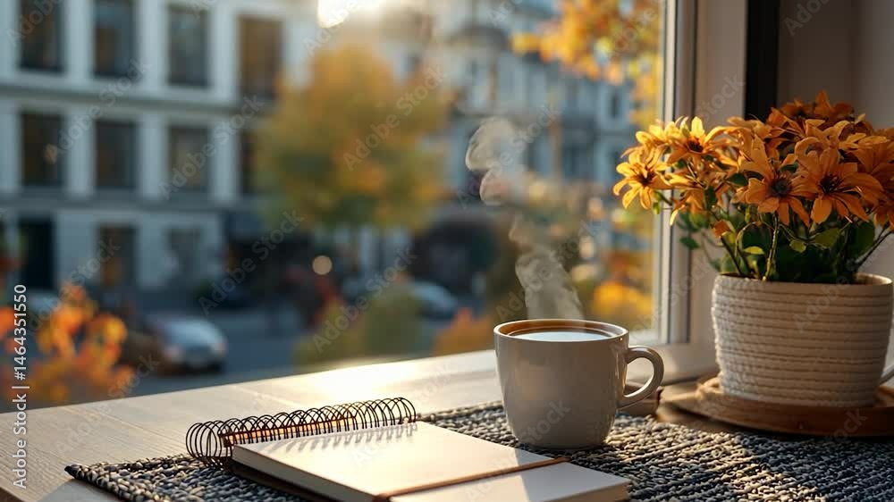 Warm morning light streams through a window, illuminating a cozy scene of a coffee cup, notebook, and yellow flowers on a window sill overlooking a city street