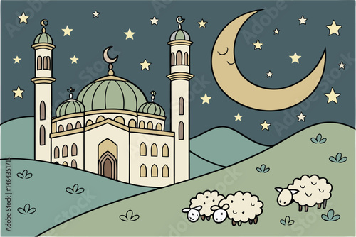 64 Islamic night scene, crescent moon, starry sky, glowing lanterns, mosque silhouette, domed architecture, minarets, rolling hills, cute cartoon sheep, Eid al-Adha theme, golden stars, magical atmosp