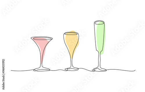Continuous online hand drawn of three stylized cocktail glasses with pastel fills in a minimalist line art style. Vector illustration, Editable stroke