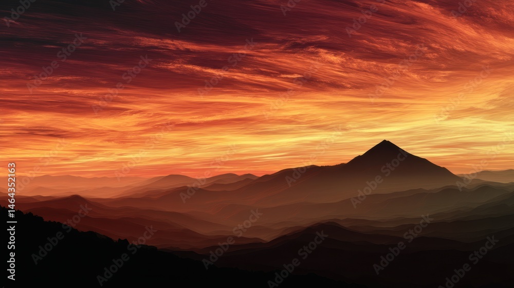 Naklejka premium A mountain sunset paints the sky with warm colors