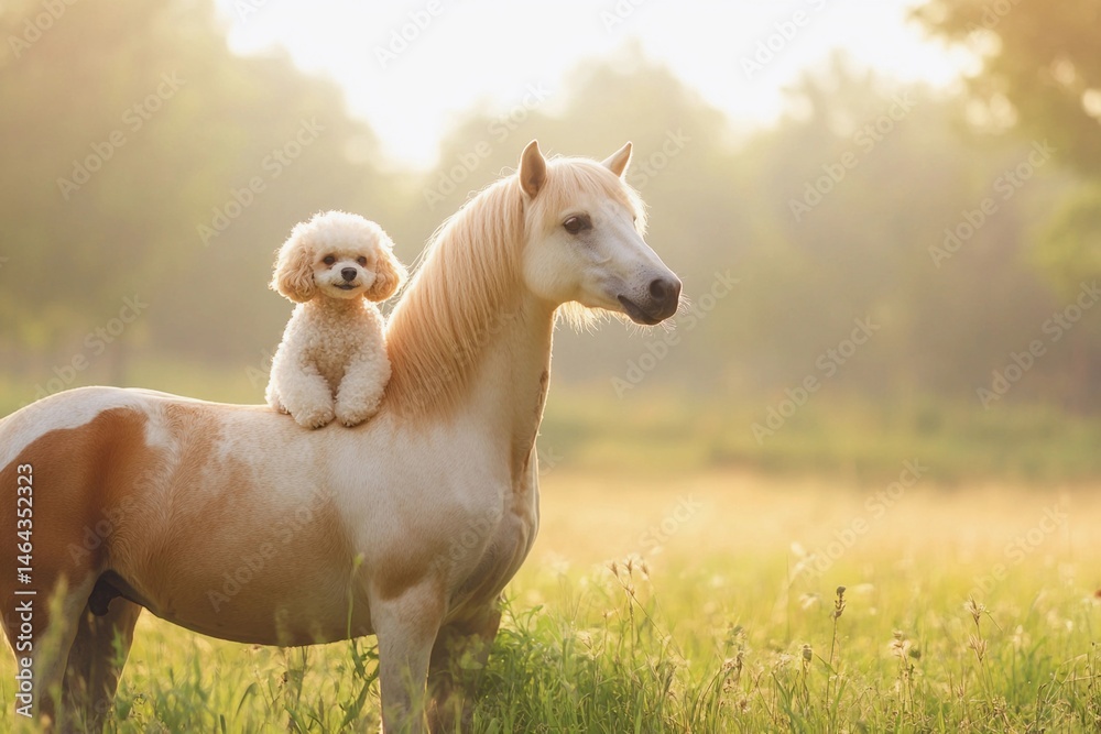 Obraz premium Happy Toy Poodle Riding a Horse in a Sunny Field 