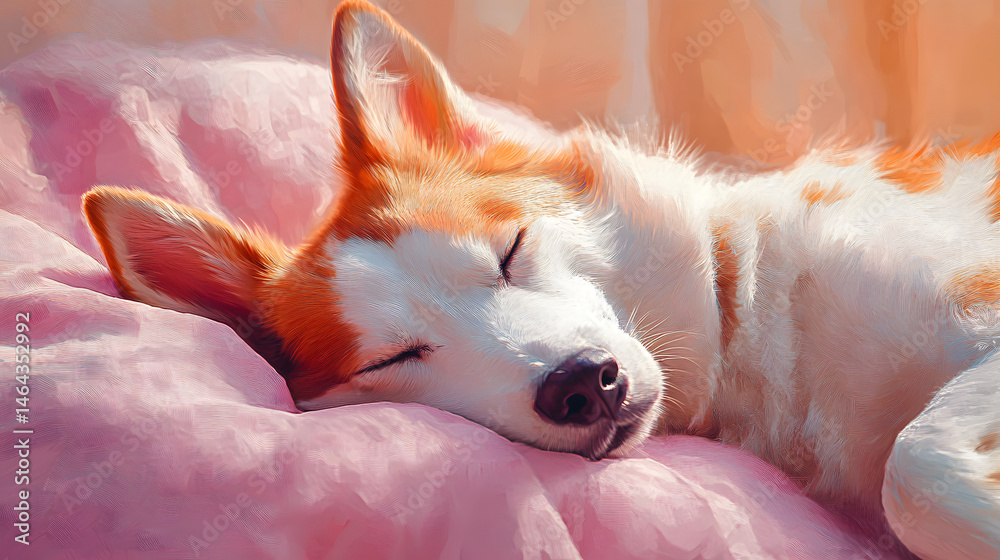 Naptime bliss: delightful canine catching some sleep on a soft pink pillow