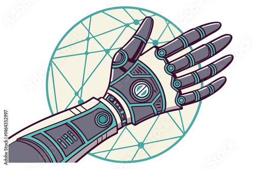 65 Robotic hand, futuristic cybernetic arm, palm open, metallic blue and gray, geometric circle background, network connections, technological nodes, detailed circuitry, sci-fi aesthetic, dynamic pose