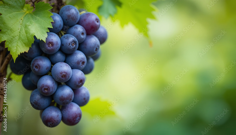 Fototapeta premium Ripe clusters of grapes hanging from a green vine, surrounded by lush leaves in a vineyard setting