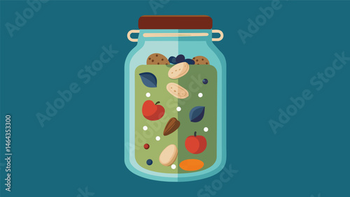A mason jar filled with homemade trail mix made from organic nuts seeds and dried fruits.. Vector illustration