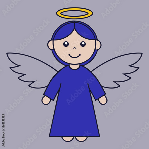 Cute angel character with wings and a halo, smiling and cheerful on a gray background