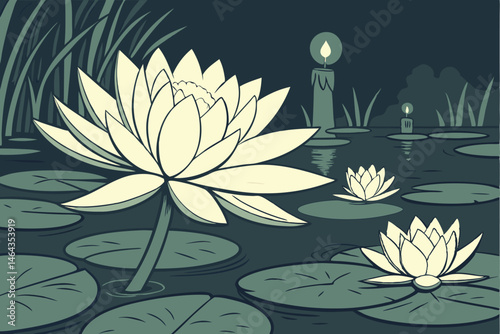 66 Luminous lotus flowers, serene pond at night, glowing water lilies, floating candles, reflective water surface, dark background, ethereal atmosphere, delicate petals, lily pads, soft illumination, 